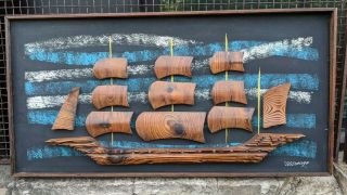 Vintage Witco Carved Wood 3d Wall Art Ship Mid Century Tiki Blue Black