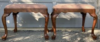 Ethan Allen Queen Anne Upholstered Benches Stools Pair Solid Cherry Wood