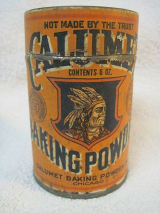 Antique Calumet Baking Powder 6 Oz.  Tin Orange Can,  Indian Logo