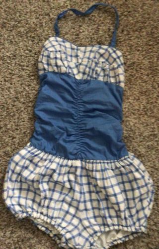 Vintage 50s Pin Up Style Kitty Puff Novelty Print Blue White Check Swimsuit