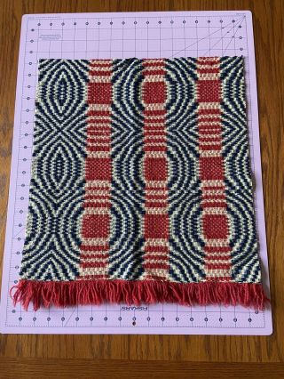 Antique Woven Coverlet Piece Blue Red Cream 16”x17” Not Including Fringe