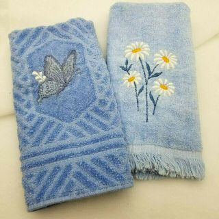 2 Blue Hand Towels Sculpted & Plush Vtg Mcm Retro Zurich & Cannon Daisys Usa