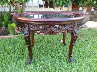 Vintage Wooden Oblong Table With Carved Design With Glass Top