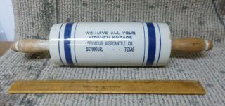 Antique Blue & White Advertising Stoneware Rolling Pin Seymour Mercantile Co.  Tx