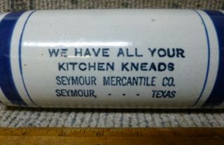 Antique Blue & White Advertising Stoneware Rolling Pin Seymour Mercantile Co.  TX 2