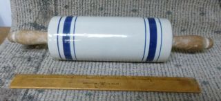 Antique Blue & White Advertising Stoneware Rolling Pin Seymour Mercantile Co.  TX 3