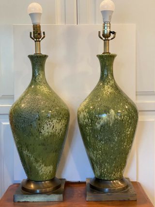 Gorgeous ￼pair Vintage Atomic Mid Century Modern Green Lava Drip Glaze Lamps
