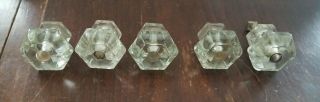 Set Of 5 Vintage Hexagon Concave Glass Brass Cabinet Drawer Door Pulls Knobs