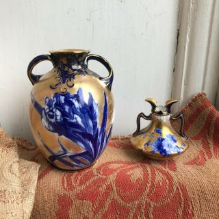 Old Antique Doulton Burslem & Paragon 2 X Art Nouveau Blue White Gold Vases 1910