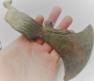 Ancient Luristan Bronze Axe Head With Zoomorphic Ram Decoration 1000bce