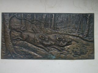 Antique French Bronze Relief Plaque Of Wild Boars By H.  Henjes,  Circa 1880