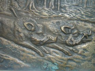 Antique French bronze relief plaque of wild boars by H.  Henjes,  circa 1880 2