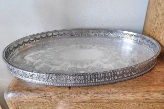 Vintage 1920 - 30s Sheffield Silver Plated Oval Chased Gallery Serving Tray