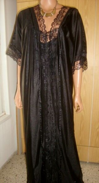 Vtg Contesa Black Nylon & Lace Full Length 2 Piece Set Nightgown Peignoir L - Xl