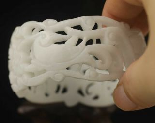 Chinese Natural Hetian White Jade Hand - Carved Jade Flower Bangle Bracelet