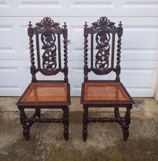 Set Of 2 Victorian Gothic Oak Dining Chairs
