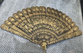 Fine Antique Chinese Gold Lacquer Hand Painted Figural Court Scene Brise Fan