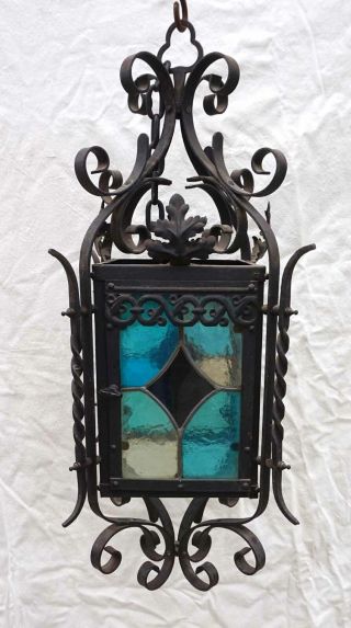 French Lantern Wrought Iron Leaded Stained Colored Glass Large 28 ",