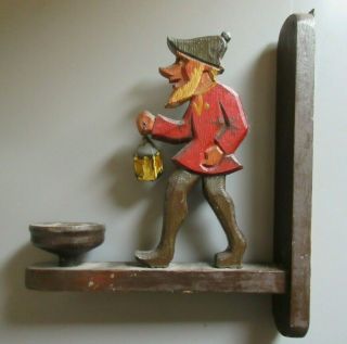 Antique Black Forest Carved Folk Art Man W/lantern Candle Holder Wall Mount
