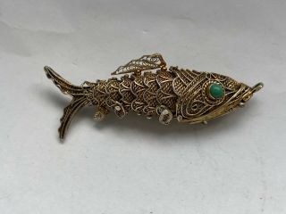 Antique Silver Mark Articulated Big Fish Snuff Pendant W/turquoise Eye