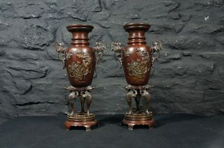Antique Japanese Meiji Period Bronze Vases Decorated With Birds Flowers