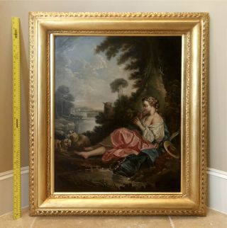 Antique 19th Century Oil Painting With Gold Gilt Frame - Flute Player With Sheep