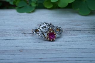 Antique French 18k Gold Old Cut Diamond Ruby Toi Et Moi Ring