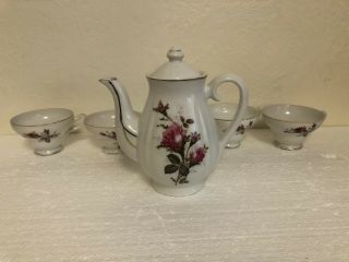 Vintage Porcelain Tea Pot And 4 Tea Cups,  Moss Rose Pink With Gold Trim Japan