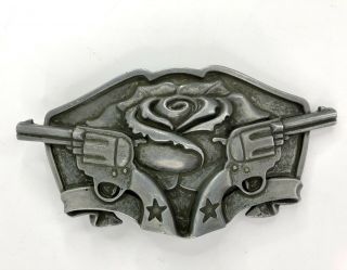 Famous Stars And Straps Twin Pistols Guns Rose Flower Pewter Belt Buckle