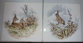 2 Vintage Mettlach Tile - Hand Painted Deers & Bunny Rabbit,  Signed Same Artist