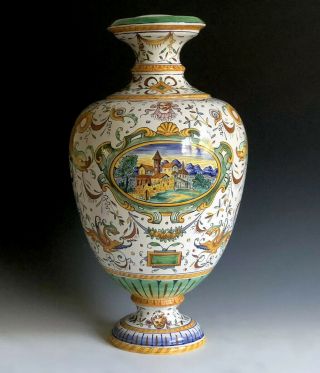 Rare Antique Italian Cantagalli Majolica Pottery Lamp Base Roffaellesco Motif