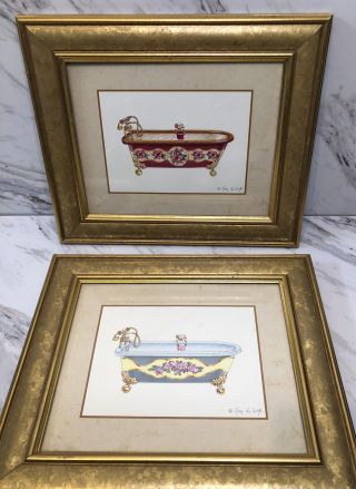 Mary De Wolfe Framed Signed Prints Of Antique Bathtubs Set Of 2 Gold Frames