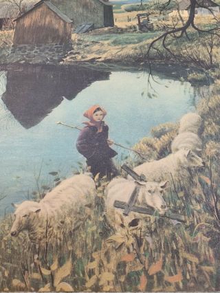 Vintage John Clymer Lithograph/ Print Girl With Red Bandanna Sheep Barns 16”x 20 3