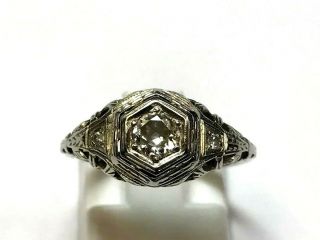 Antique Art Deco 14k White Gold.  35ct European Cut Diamond Engagement Ring Sz 5