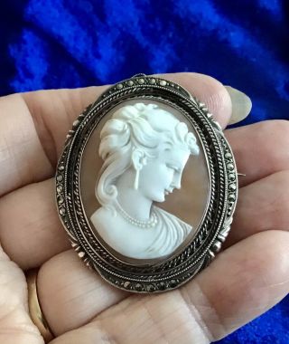 Exquisite Antique Victorian Solid Silver Marcasite & Carved Shell Brooch/pendant