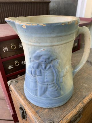 Antique Nelson Mccoy Blue Buccaneer Pitcher Yellow Ware Stoneware Salt Glaze