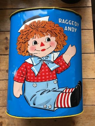 Vintage 1972 Raggedy Ann & Andy Metal Trash Can Garbage Can Bright Colours