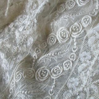 Antique Creamy French Normandy Lace Bed Cover 96 " X 60 " Embroidered Flowers