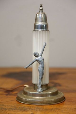 1920 ' s Art Deco Lamp Nude Lady Figural Glass shade Desk light 4