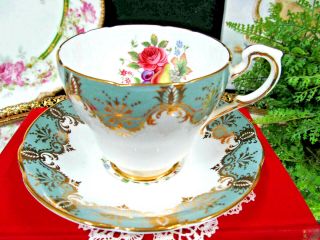 PARAGON tea cup and saucer pink rose and fruits pattern teacup sage green 1950s 3