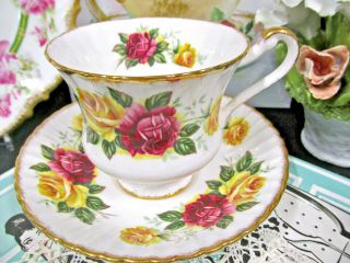 Paragon tea cup and saucer red and yellow roses pattern teacup ribbed 1950s 2