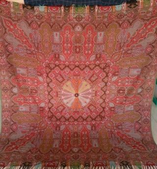 Antique French Paisley Kashmir Piano Shawl Woolen Square Size78 " X74 " Good Design