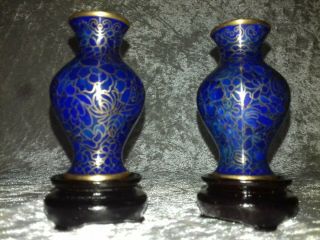 Oriental Small Cloisonne Vases On Wooden Bases,  9cm X 4cm.