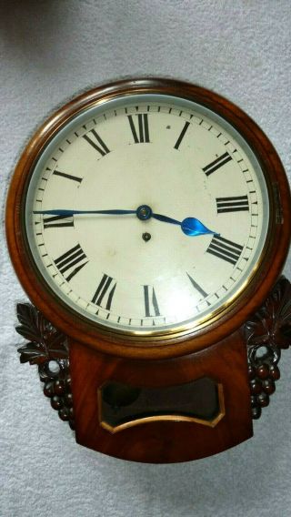 Antique English 8 Day Single Chain Fusee Carved Walnut Drop Dial Wall Clock