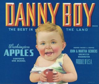 Rare Old 1940 Baby With Apple " Danny Boy " Apple Label Art Brewster Washington