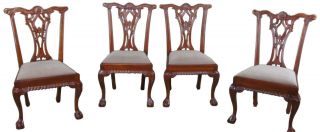 4 Vintage Mahogany Carved Chippendale Style Side Dining Chairs Ball & Claw Suede