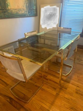 Mcm Milo Baugman Style Extendable Gold Dining Table,  4 Vintage Italian Chairs