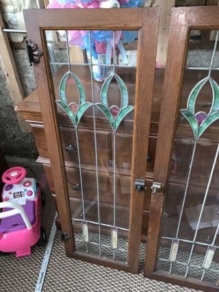 2 Antique 1920s Chicago Bungalow Stained Leaded Glass Cabinet Door / Window