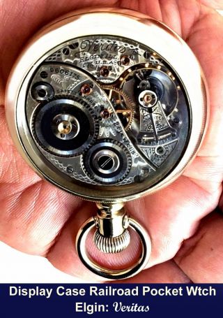 Antique 18 Size 21 Jewels Display Case Railroad Pocket Watch Elgin Veritas