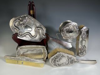 Antique Chinese Export Sterling Silver Dresser Set With Dragons Exceptional Qing